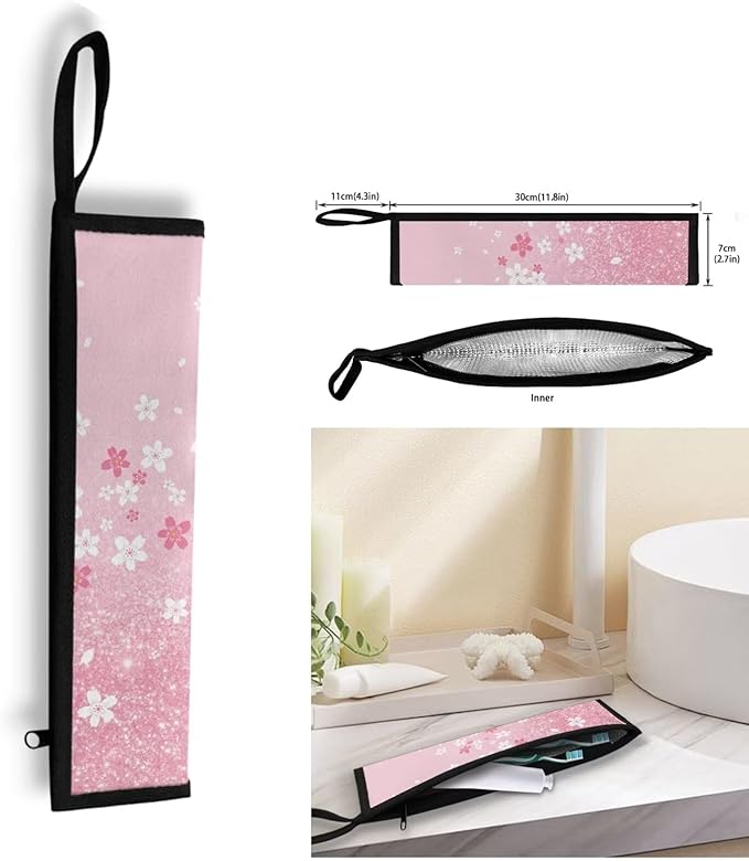 COEQINE Pink Silverware Organizer Reusable Cherry Blossom Bling Pattern Fork Spoon Knife Organizer For Restaurant Travel Picnic Leafproof Fabric For Travel Accessories Lightweight