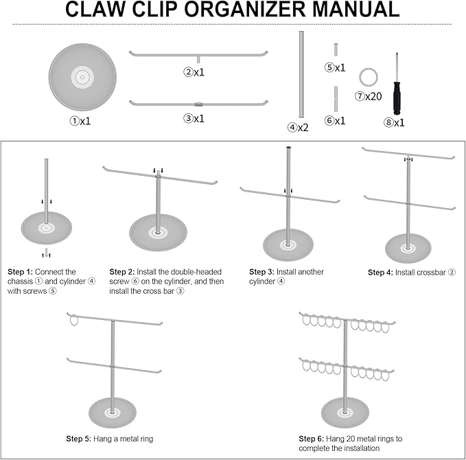Metal Claw Clip Organizer, 2-Tier Hair Clip Holder Stand with Tray, Hair Clip Storage Display Rack with 20 Golden Rings, Hair Accessories Organizer Room Decor for Women and Girls