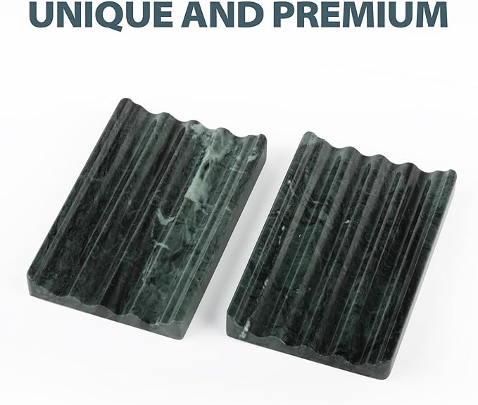 Karibiber 2 Pcs Soap Holder for Bathroom, Marble Soap Dish for Kitchen Countertop, Green Soaps Tray with Creative Wavy Design, Soaps Saver for Bath Tub, Sponges, Indian Natural Stone