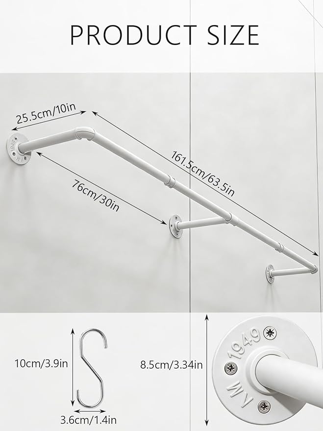 Aduanbang 65.7in Industrial Pipe Wall Mounted Clothes Rack, Heavy Duty Detachable Iron Garment Bar, Rustic Space-Saving Hanging Rod for Bedroom, Closet – White,4 hooks
