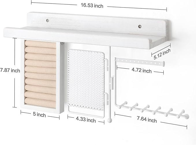 SOLIMINTR Hanging Jewelry Organizer Wall Mount with Rustic Wood Shelf, Ring Display Box, Ear Studs Earring Holder, Rotating Necklace Holder Organizer White