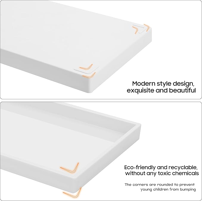Vanity and Bathroom Tray, 11.8" ABS Countertop Organizer,Waterproof Vanity Tray for Toilet Tank,Perfume,Soap,Keys,Bathroom Accessories,Kitchen and Bath Trays,Non Slip Small Trays,White,2 Pack
