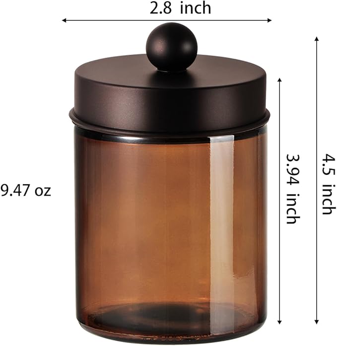 Amber Glass Qtip Holder, Apothecary Jars with brown Metal Lid & Stickers-Bathroom Qtip Dispenser Storage Organizer Set,Vanity Counter Canister for Cotton Swabs,Round Pads,Floss (3 Pack,bronze)