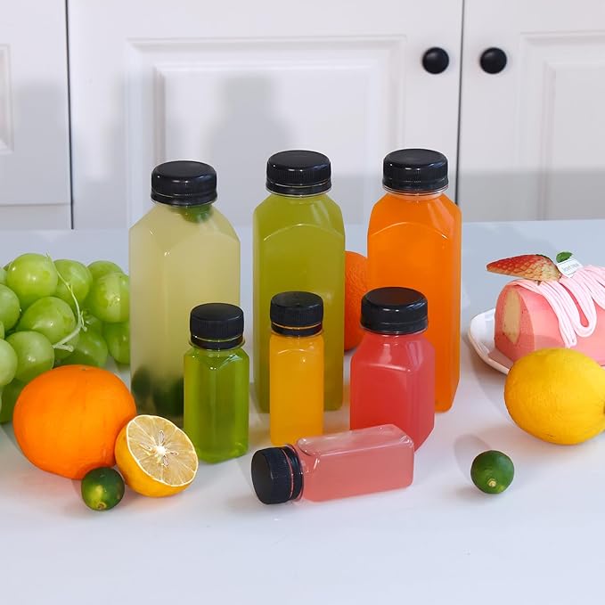 Moretoes 6pcs 2oz Plastic Shots Bottles with Caps, Plastic Juice Bottles with Lids, Clear Reusable Water Bottles, Ginger Shots, Leak Proof, Disposable Beverage Containers for Juicing, Smoothie, Milk