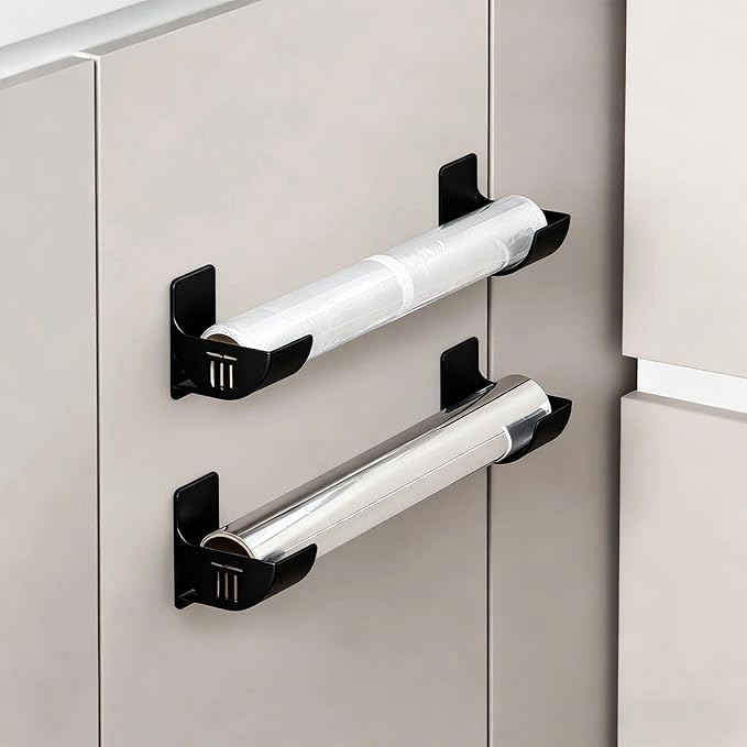 4 Pairs Bin Bag Holder Self-Adhesive Foil Holder Wall Mounted Plastic bag Holders Cupboard Door Storage Organiser No Punching Garbage Bag Dispenser for Tin Foil,Cling Film,Trash (Black)