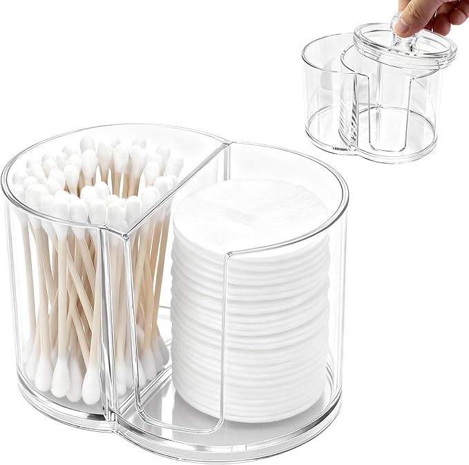 2- Grid Q-tip Holder for Bathroom, Cotton Swab Holder with Removable Dustproof Lid for Cotton Swabs, Rounds, Balls(COLOR:Transparent)