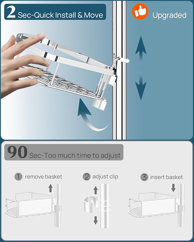 SEIRIONE Rustproof Shower Corner Caddy Organizer for Bathroom, 4 Adjustable Shelves with Tension Pole, for Bathtub Shampoo Accessories Storage Holder, 34 to 116 Inch Height, Silver