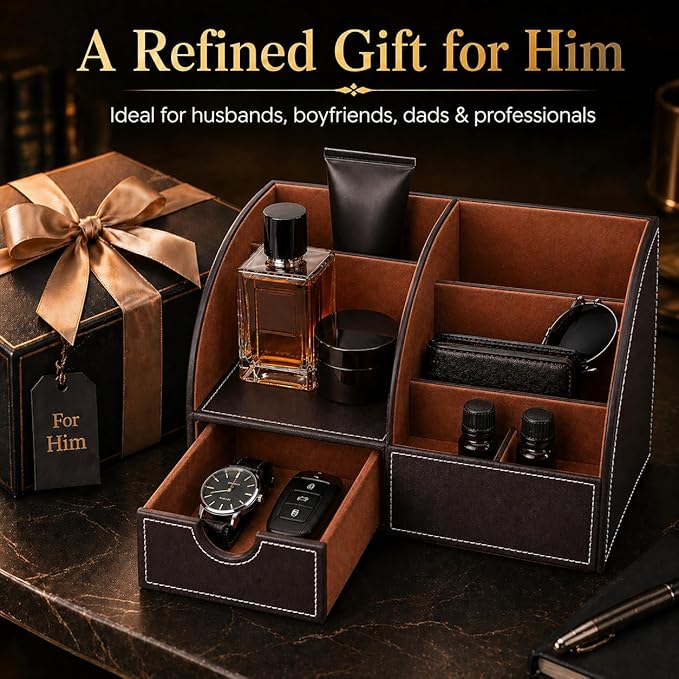 KINGFOM Cologne Organizer for Men, PU Leather Dresser Organizer with Drawer, Countertop Cologne Holder for Watch, Wallet, Keys, Sunglasses, Bathroom Bedroom Nightstand Organizer, Gifts for Men Brown