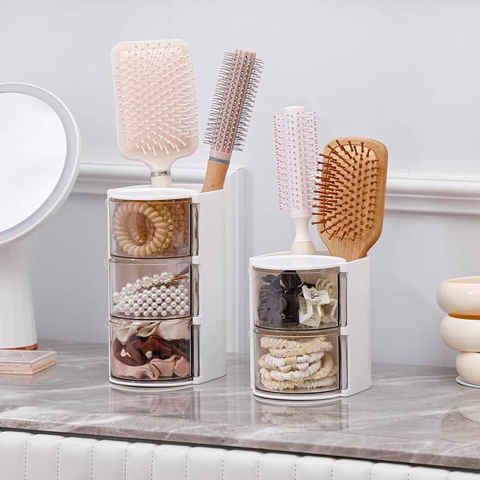 FABROK 3-Layer Clear Hair Accessories Organizer with Hair Brushes Holder, Rotatable Small Jewelry Box for Clip Earring Necklaces, Desktop Organizer Case for Cotton Swab, Accessories