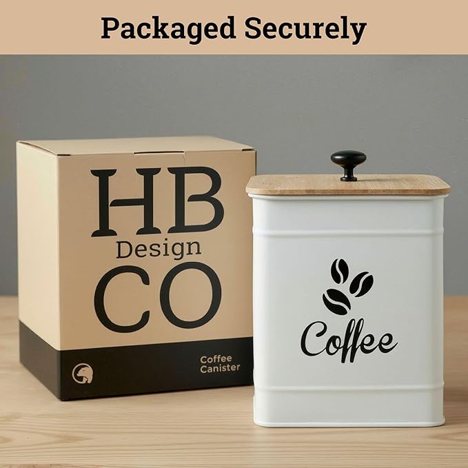 Airtight Coffee Canister - 40 oz Large Iron White Coffee Container Airtight - 6 x 8 inch Metal Jar - Stylish Countertop Container for Coffee Grounds, Beans, Pods & More with Rubber-Lined Bamboo Lid