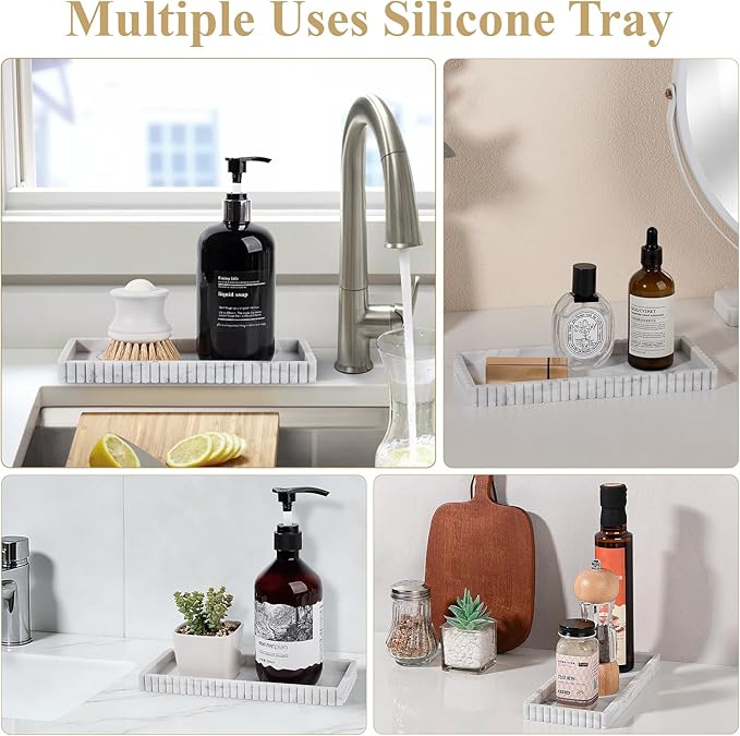 Silicone Bathroom Tray Small Vanity Organizer Rectangle Sink Caddy Sponge Holder Kitchen Counter Decor for Dish Soap, Perfume, Candle, Marble