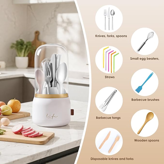 EXIN DECHEN 360° Rotation Silverware Organizer for Kitchen Counter,Utensil Holder Caddy Silverware Caddy Holder for Party,Spoon and Fork Organizer,7 Slots and Intermediate Drainage Device with Cover