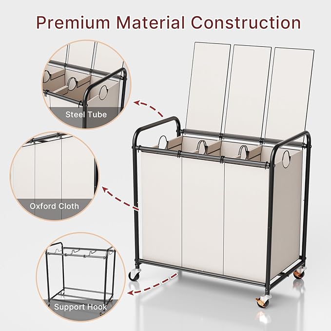 180L Laundry Sorter 3 Section – Heavy Duty Rolling Laundry Basket with Lockable Wheels and Lid, 3 Large Separate Removable Bags, Laundry Hamper Cart for Laundry Room Organizer (White)