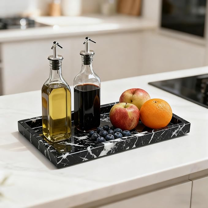 Pure Natural Marble Tray for Bathroom, Dresser, Sink. Cosmetics, toiletries, perfumes, Jewelry, Candles, etc. can be Placed (Black Onyx, 12" x 8" x 1.2")