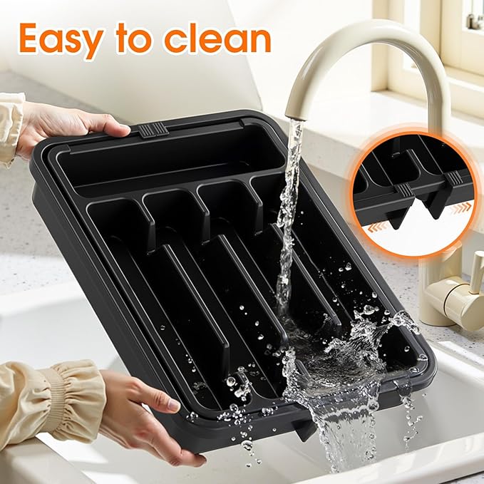 SpaceHacks Silverware Organizer,Adjustable & Expandable Utensil Drawer Organizer, BPA Free Utensil Holder, Cutlery Tray for Forks, Spoons, Knives in Kitchen, Medium, Black