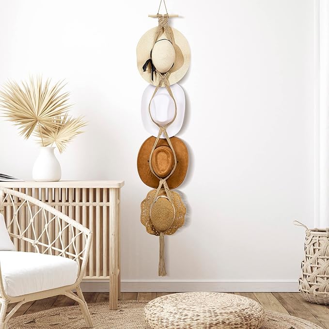 Yulejo Macrame Hat Hangers Racks Boho Cowboy Hats Holders Western Display Organizer Storage decor Back of Door for Wall(Beige,Four Hats Style)