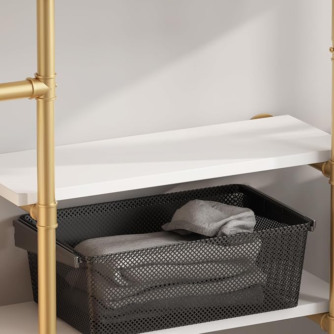 Industrial Pipe Clothing Racks with 5 Shelves, Wall Mounted Gold Clothes Rack for Hanging Clothes, Gold Wall Clothing Rack, Heavy Duty Clothes Rack for Walk in Closet, Laundry Room