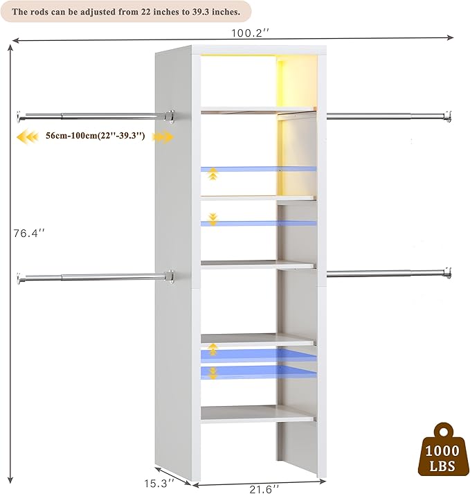 100'' Closet System with 4 Hanging Rods & LED Lights, 2-8 FT Wood Closet Organizer Systems with 5 Shelves, 6 Height Adjustable, Walk-in Closet Organizer Wardrobe Clothes Rack, Garment Rack, White