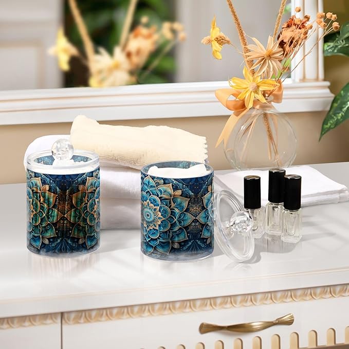 Mandala Pattern Blue Qtip Holder 2 Pack - 10 Oz Clear Plastic Apothecary Jar Set for Bathroom Organization - Versatile Canister Storage for Cotton Balls, Swabs, Rounds