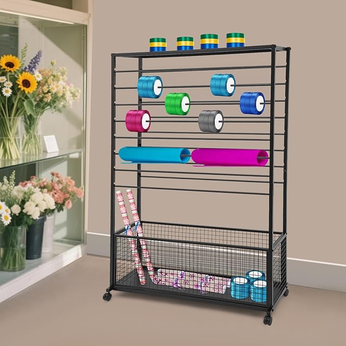 Commercial Ribbon Holder Organizer w/ 16 Rods & Locking Wheels - 59" Mobile Craft Storage for Florists, 4-Tier w/Mesh Basket (Black, 39.37 * 12.6 * 59.06in)