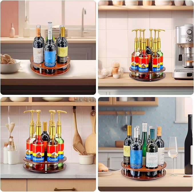 Rotating Coffee Syrup Organizer Rack,Syrup Bottle Stand Holder for Coffee Syrup Station,7 Bottles Storage Display Turntable Tray&Lazy Susan for Syrup,Liquor Wine in Kitchen Countertop