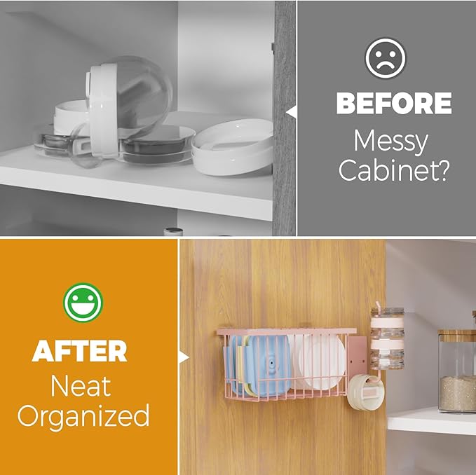 4 Pack Adhesive Cabinet Door Organizer - Tumbler Lid Organizer & Kitchen Storage baskets for Kitchen, Bathroom, Inside Cabinet Door Storage for Cup Lids, Spices, Small Supplies, Space-Saving (Pink)