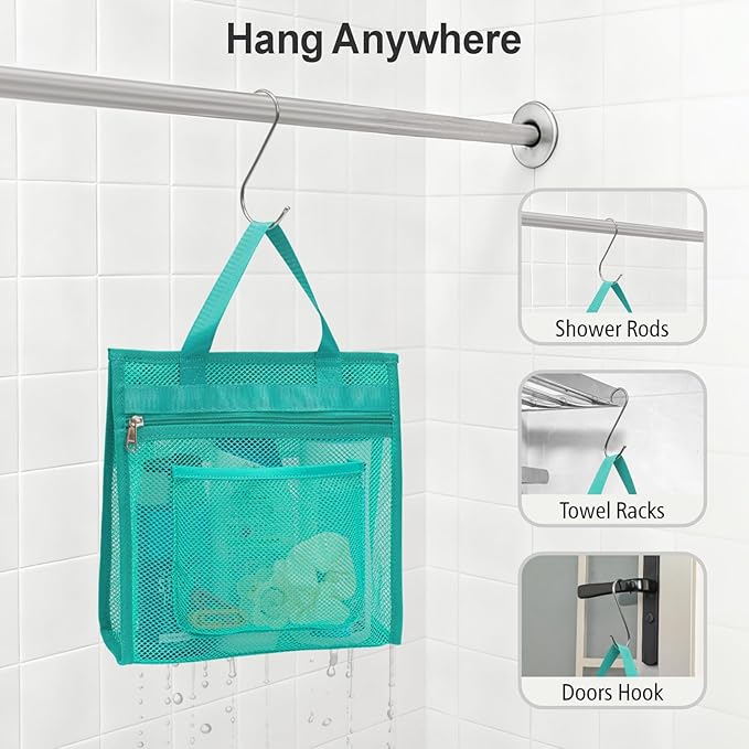 F-color Mesh Shower Caddy Portable Hanging - 3 Pockets Small Shower Bag Tote for Camping, Gym, Travel, Toiletry, Quick Dry Bathroom Essentials with S Hook, Mint Green
