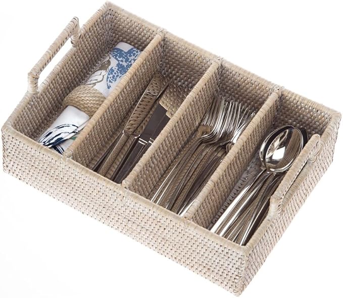 KOUBOO Lo Jolla Rattan Flatware Tray, White Wash
