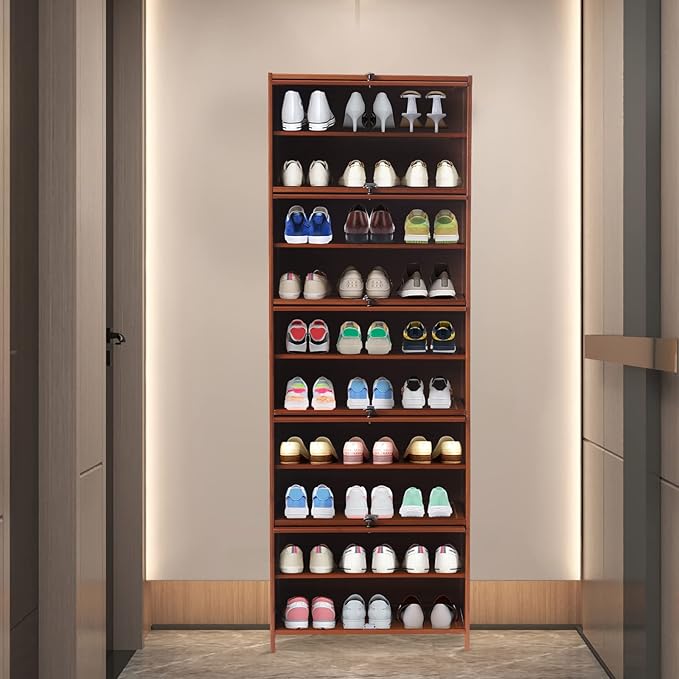 10 Tiers 20-Pair Shoe Storage Cabinet Tall Bamboo Hidden Shoe Storage Free Standing Shoe Rack with Concealed Sliding Doors for Living Room Entrance and Bedroom