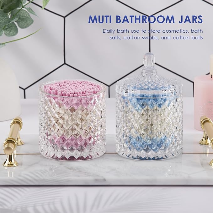 ALAMHI 2 Pack Qtip Holder Cotton Round Ball Holder Set, Apothecary Jars Glass Bathroom Storage jars with Lids for Bathroom Decor, Qtip Dispenser for Cotton Swab,Cutip