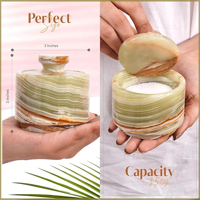 MARBLOUS KRAFTS Marble Salt Cellar with Lid 3" Inch Green Onyx Stone Salt Holder for Counter & Stone Salt Container, Salt Dish, Salt Box & Spice Jar, Ideal Mother’s Day Gift, Home Decor