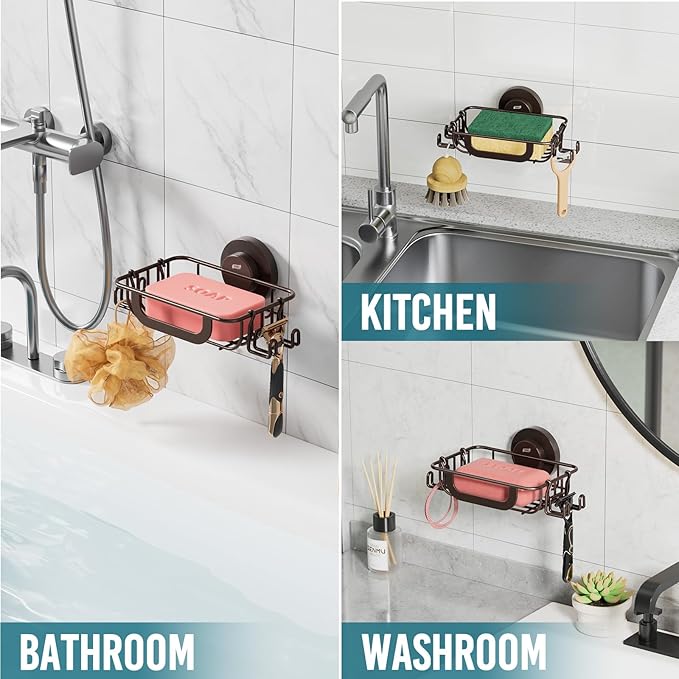 TAILI Soap Bar Holder Dish with Hooks, Shower Soap Tray Saver Suction Cup with Razor Holder for Wall, Rustproof Stainless Steel Bath Shampoo Caddy for Bathroom Accessories Organizer,Brown