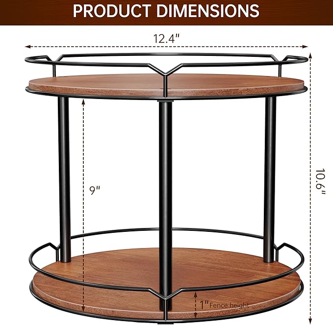 12.4" Lazy Susan Organizer 2 Tier, Rotating Spice Rack, Wooden Spinning Spice Holder for Inside Cabinet, Pantry, Kitchen, Countertop, Bathroom and Vanity, Versatile Storage