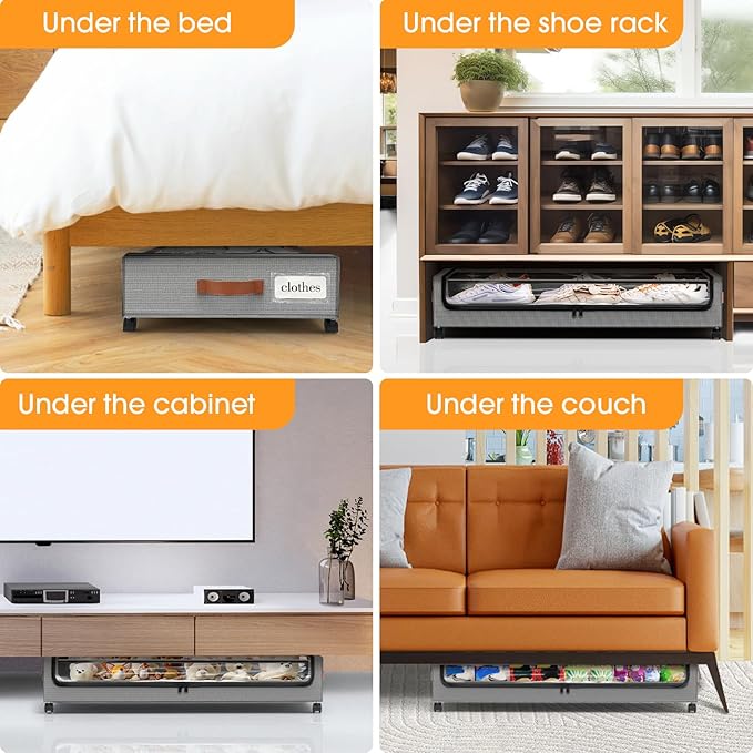 SpaceHacks Under Bed Storage with Wheels 1Pack Underbed Storage with Clear Window&Label Under Bed Drawers Large Capacity Rolling Under Bed Storage for Clothes,Shoes, Blankets (Light Grey)