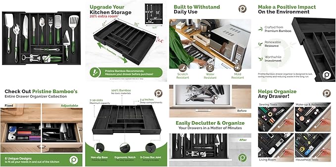 Pristine Bamboo Silverware Organizer - Expandable Kitchen Drawer Organizer - Adjustable Kitchen Drawer Organizer for Utensils, Expandable to 25 Inches Wide, 10 Slots - Black