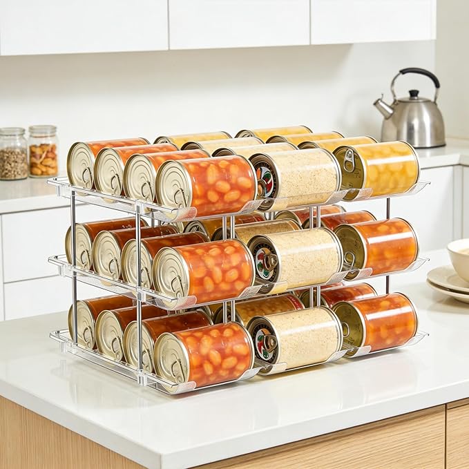 Can Organizer for Pantry, Stacking Can Storage Organizer Pantry, Automatic Can Rack for Fridge, 3Tire 3 Columns Can Holder for 36 Cans, Canned Goods Organizer Suitable for Cabinet Pantry Countertop