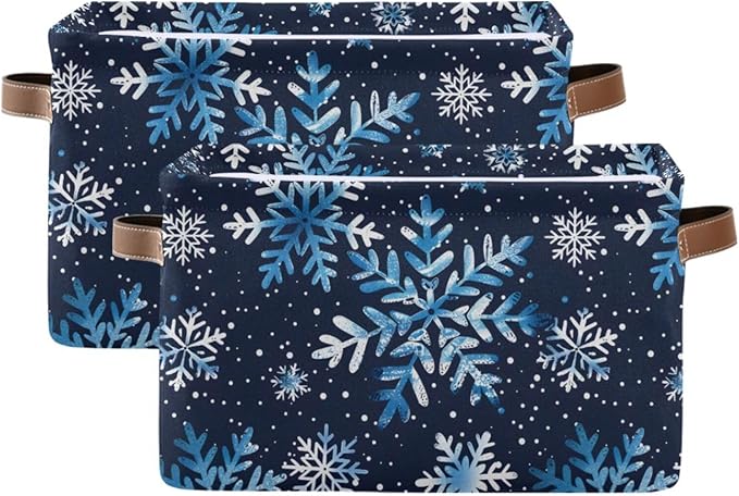 Large Storage Basket Watercolor Blue Snowflakes Christmas Storage Bin Cube Canvas Fabric Organizer Handles Collapsible for Clothes Toys Bedroom Decorative
