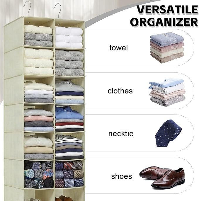 Hanging Shoe Organizer for Closet, 20 Sections Hanging Closet Organizers and Storage Shelves, Space Saving Shoe Storage Rack Holder, Beige, 12''W×12''Dx 50''H