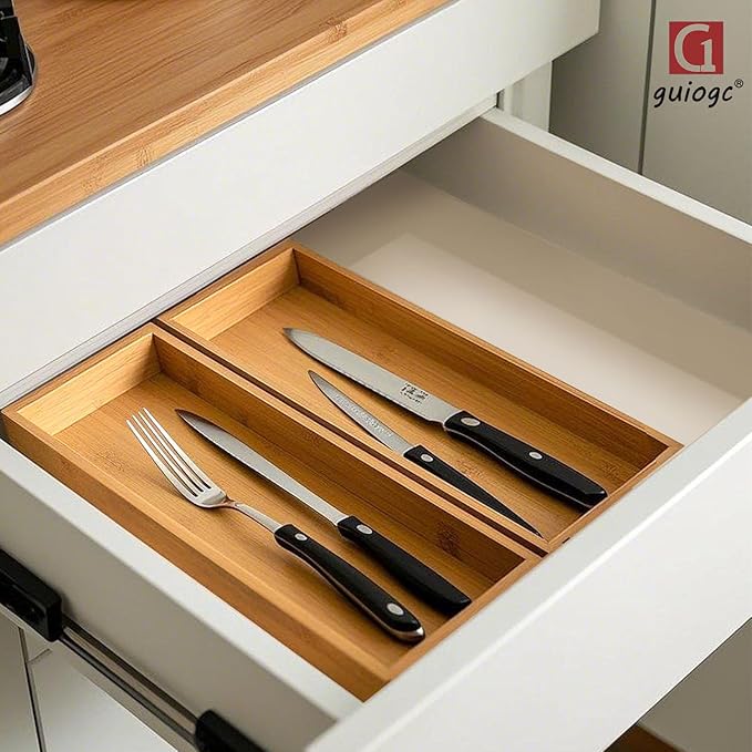 guiogc Bamboo Drawer Organizer, Utensil Organizer for Kitchen, Bamboo Storage Box Wood Silverware Tray for Drawer Set of 2