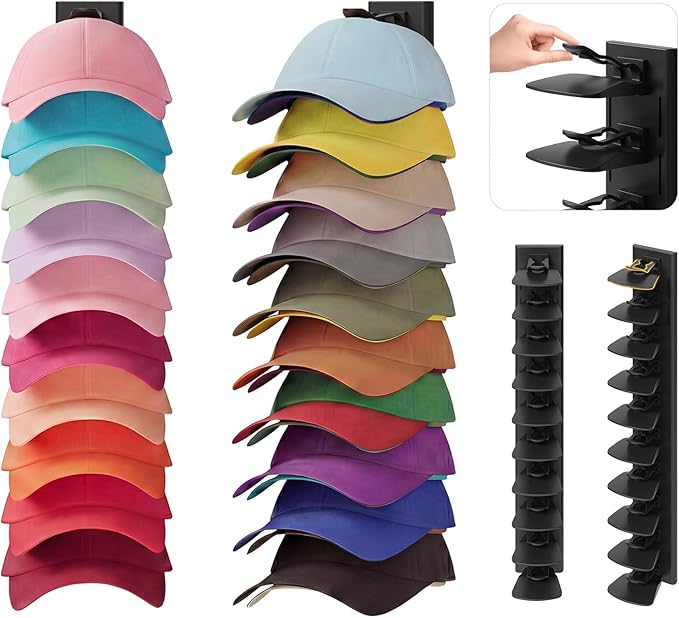 YOUDENOVA Hat Organizer for Baseball Caps, 2 Pack Hat Rack for Wall Hold up to 40 Hats, Adhesive Hat Storage Display for Wall and Closet Doors, Black