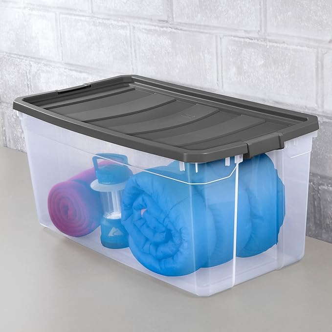 Sterilite 200 Quart Clear Plastic Modular Stacker Storage Bin Tote Container with Latching Lid, Clear Base, and Textured Sure-Grip Surface, Flat Grey
