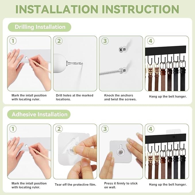 Belt Hanger Wall Mount, Adhesive Wooden Closet Belt Organizer with 24 Metal Hooks, Large Capacity, 2 Installation Options, Black, 2 Pcs