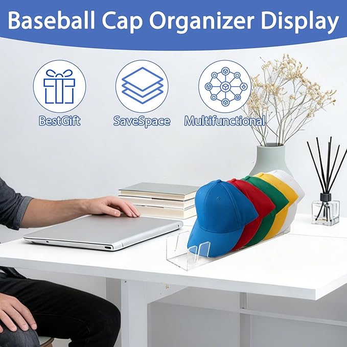 Hat Organizer for Baseball Caps 2Pcs No Install Acrylic Hat Racks for 14 Baseball Caps Storage Organizer for Closet, Bedroom, Dresser, Office Display Holder Durable