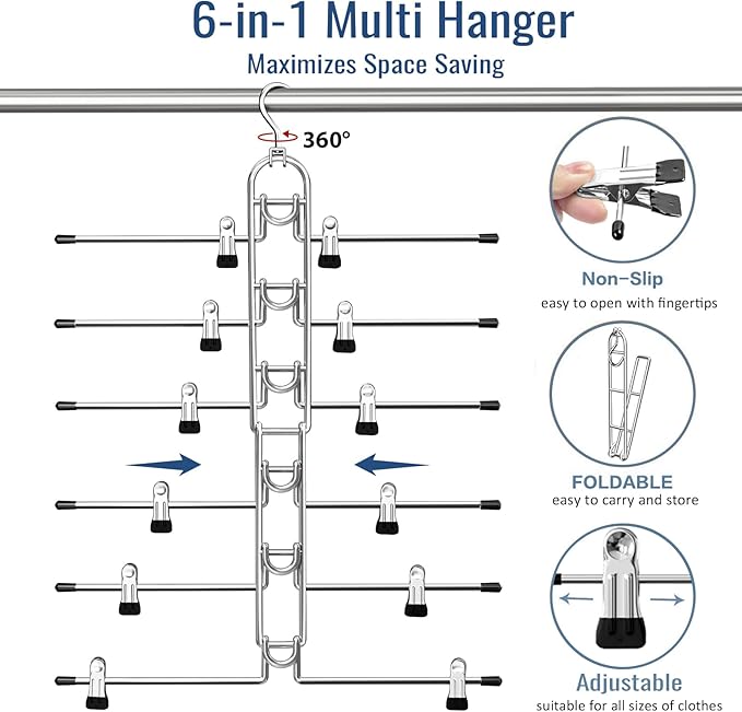 Pants & Skirt Hangers with Clips, Newly Upgraded Detachable - Space Saving Hangers, 6-Tiers Foldable Skirt Hangers for Women - Hanging Closet Organizer and Storage-2pack, Patent Pending