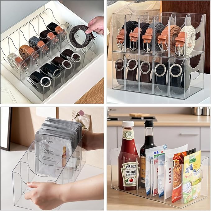 Belt Organizer, Acrylic Belt Storage Holder for The Closet, 5 Compartments Clear Belt Storage Holder for Closet & Drawer, Wall Mountable Display Rack for Belts, Ties, Scarves, and Purse Accessories