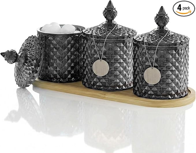 3Pack Qtip Holder Set with Bamboo Tray - 10oz Black Glass Diamond-Facet Apothecary Jars with Lids - Bathroom Canisters for Cotton Swabs, Balls, Pads & Floss Picks - Vanity Storage Organizer