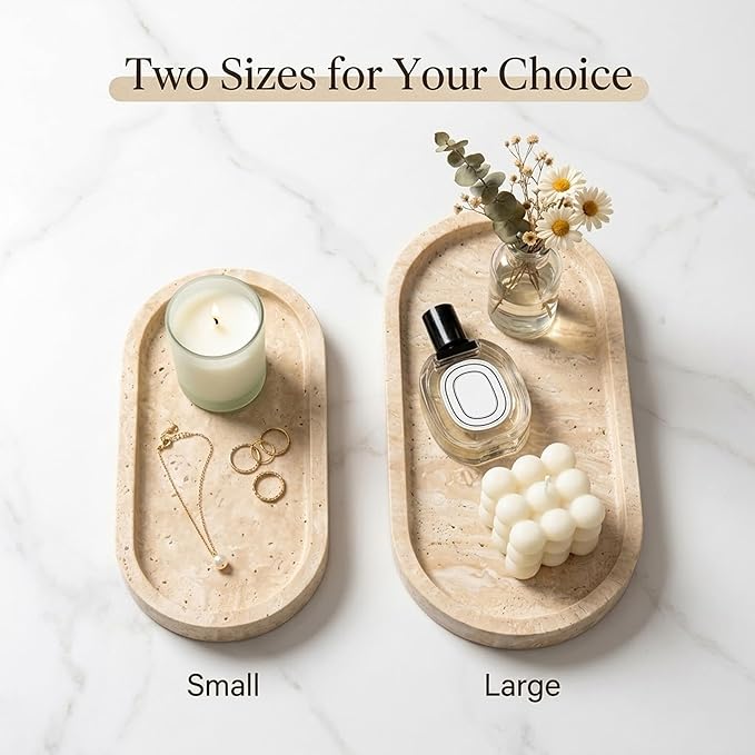 Marble Vanity Tray 11.8" x 5" Italy Natural Travertine Stone Decorative Trays for Jewelry Candles Perfume, Countertop Storage Organizer for Bathroom Dresser Kitchen Home Decor Beige (WH033)