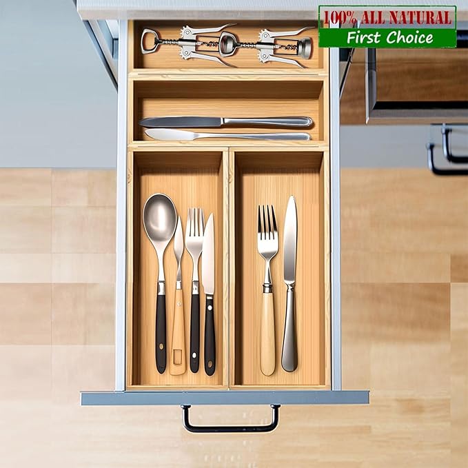 guiogc Bamboo Drawer Silverware Organizer, Utensil Tray for Kitchen (L:11.8"x4.92"x1.9", S:9.85"x3.55"x1.8" Set of 4)
