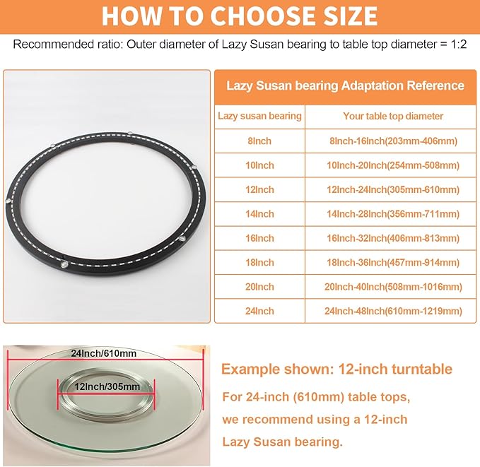 TamBee 24 Inch Lazy Susan Hardware Mute Turntable Bearing 600 lbs Load Capacity Heavy Duty Lazy Susan Parts Kit Rotating Ring Mechanism for Dining Tables, Woodworking(Base Only, Black)
