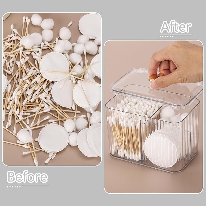 Tbestmax Qtip Holder Dispenser 3-Section Clear Bathroom Organizer Jar 3 Grids Cotton Swab/Pad/Ball Holder Container Cosmetics Storage for Vanity